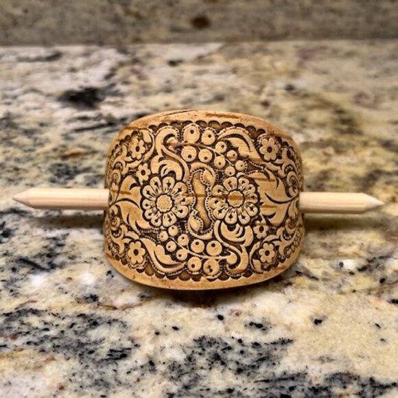 Source Unknown Other - Carved Wood Hair Barrette with Stick